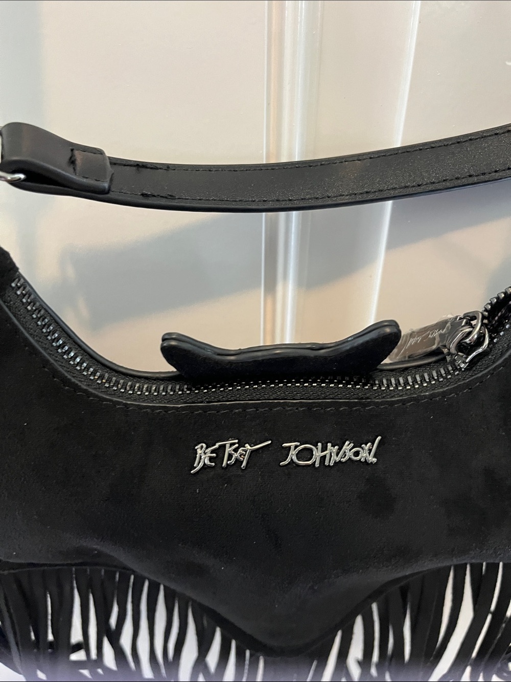 Betsy Johnson Black Bat Fringe Shoulder Bag - Picture 6 of 15